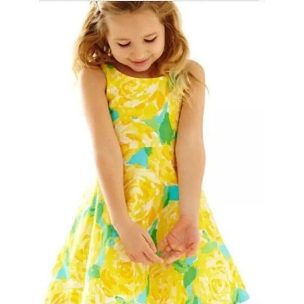 Lilly Pulitzer Girls‎ Yellow Blue Floral Bow Back Fit & Flare Dress Size 12